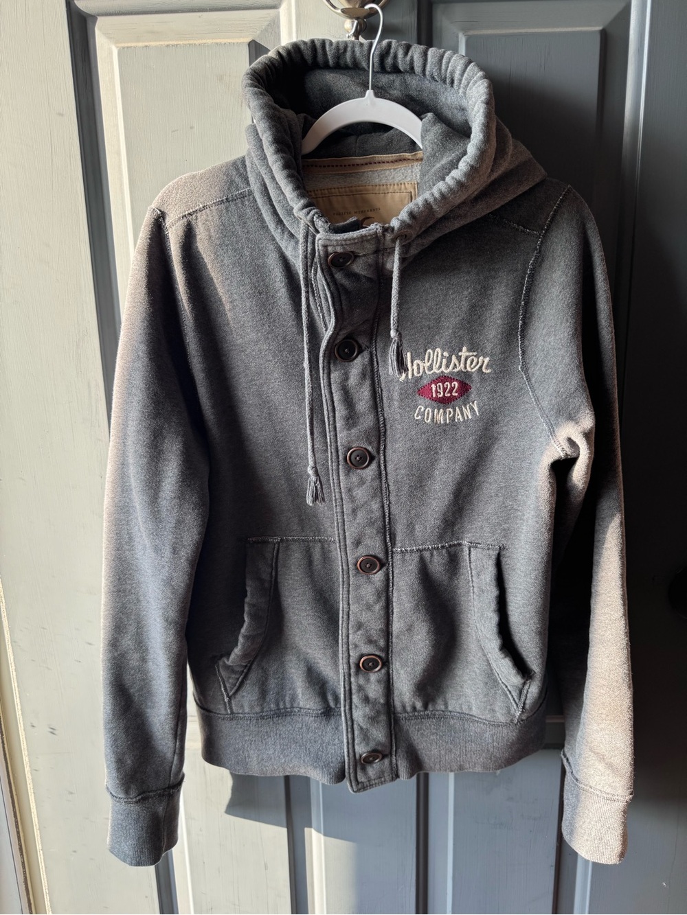 Hollister Men's Charcoal Gray Hooded Button-Up Sweatshirt Jacket